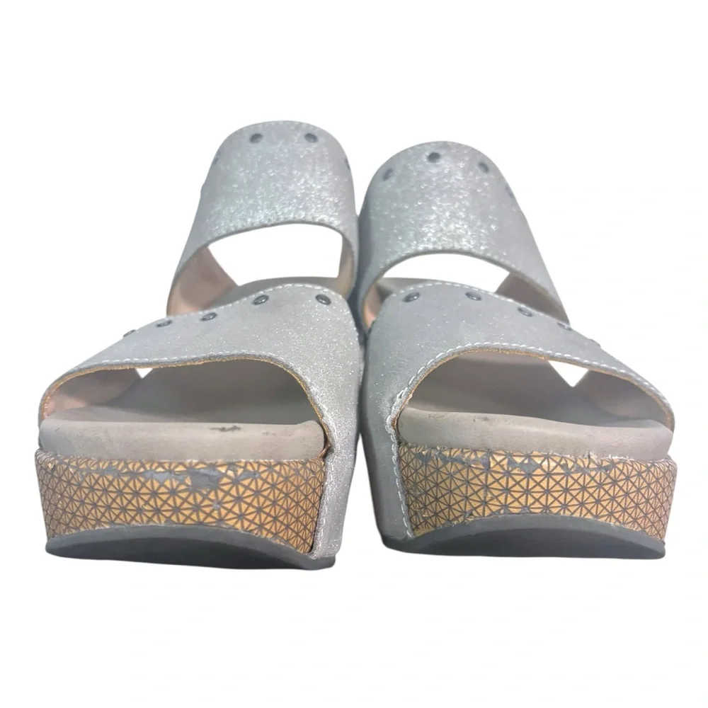 Naked Feet Beslow Leather Platform Slide Sandal Chunky Heel Silver 8
